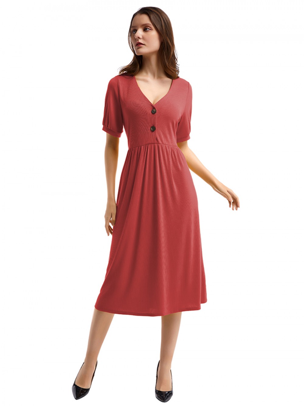 Showy Red Button V Collar Short Sleeve Midi Dress Online Sale