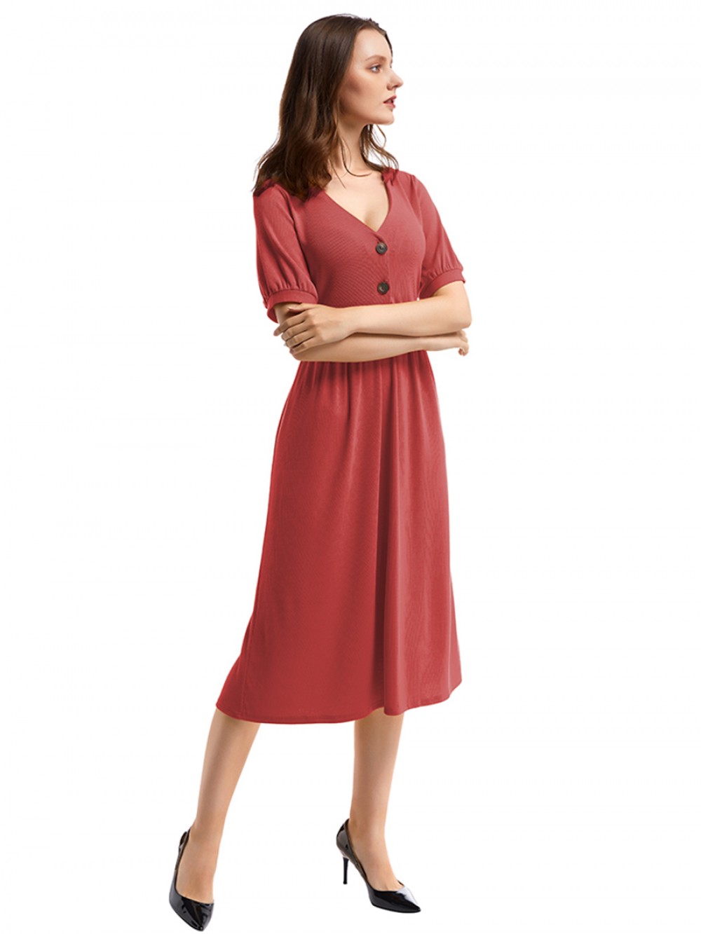 Showy Red Button V Collar Short Sleeve Midi Dress Online Sale