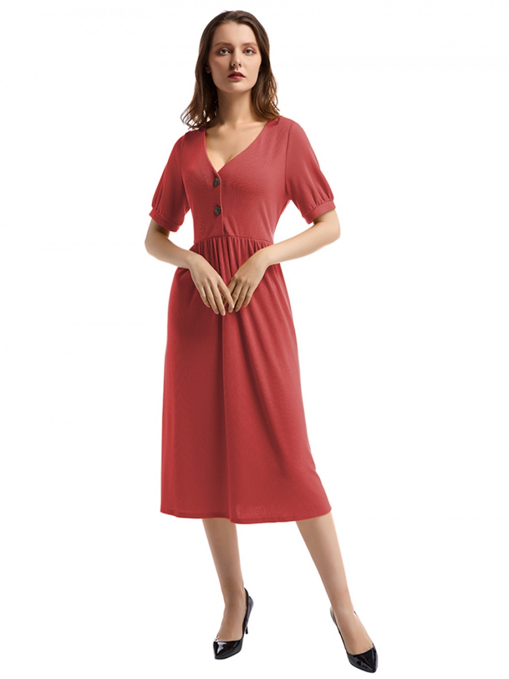 Showy Red Button V Collar Short Sleeve Midi Dress Online Sale