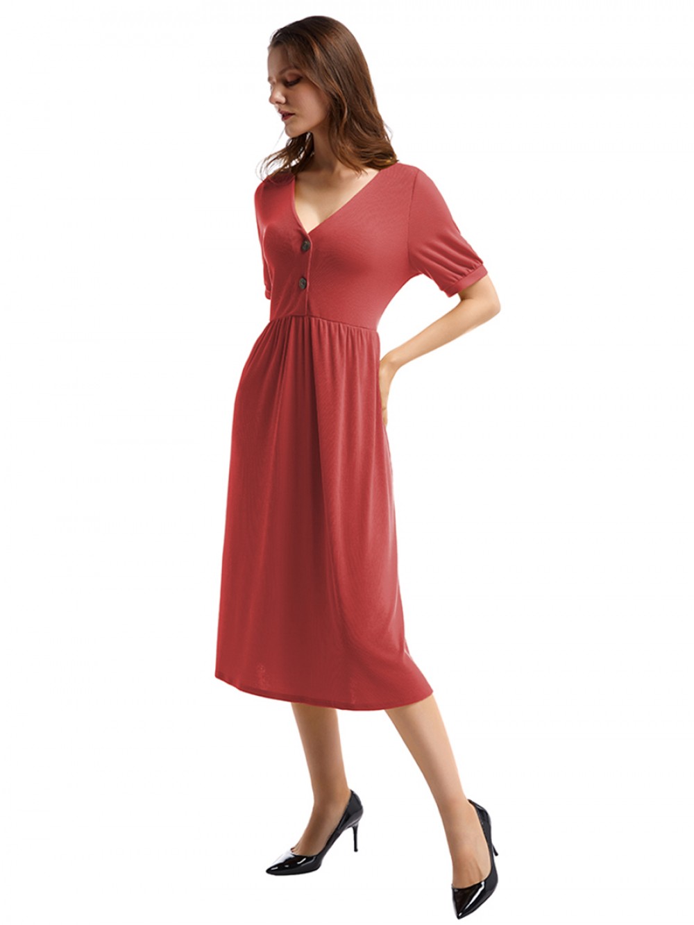 Showy Red Button V Collar Short Sleeve Midi Dress Online Sale