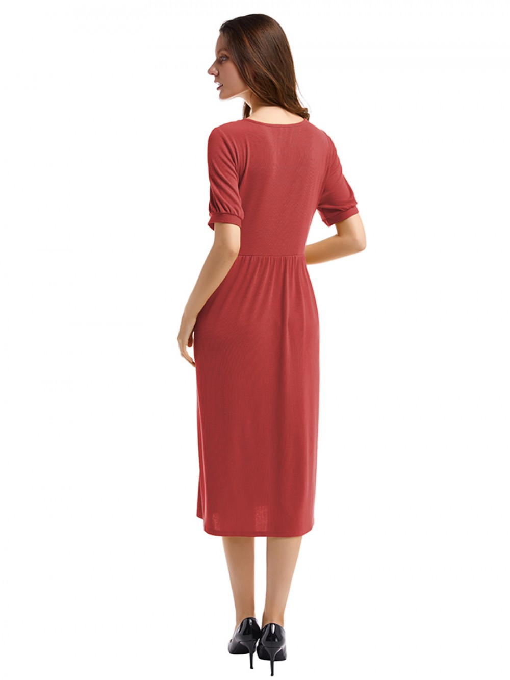 Showy Red Button V Collar Short Sleeve Midi Dress Online Sale