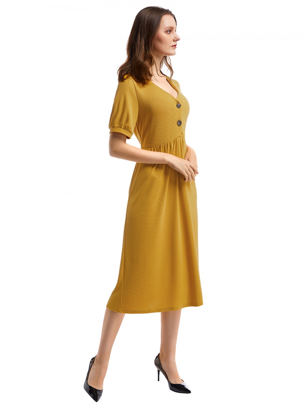 Smoothing Yellow Button Front Midi Dress Ruched Waist Stunning Style