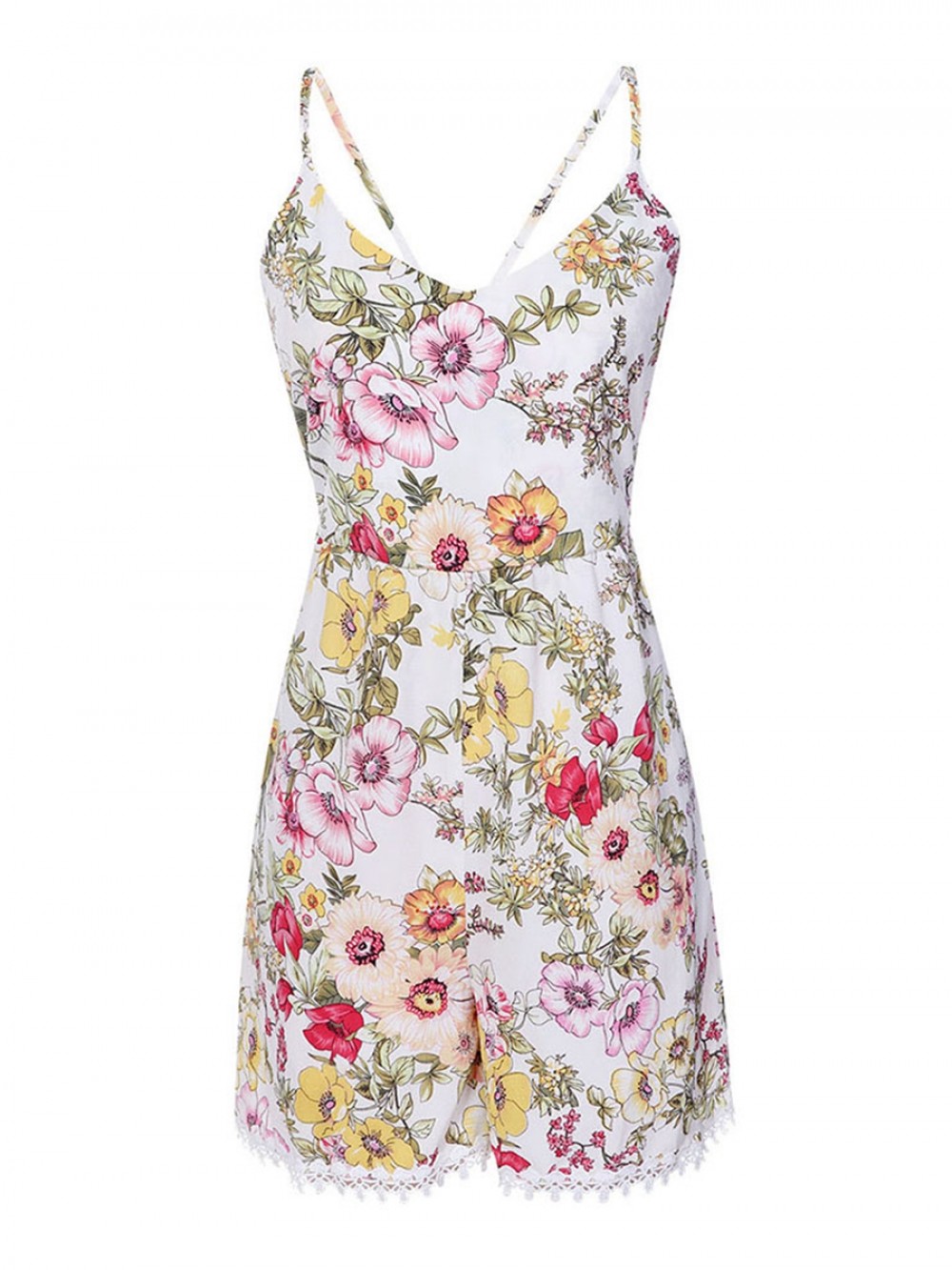V Neck Mini Length Jumpsuit Floral Print Cross Sling Backless For Ladies