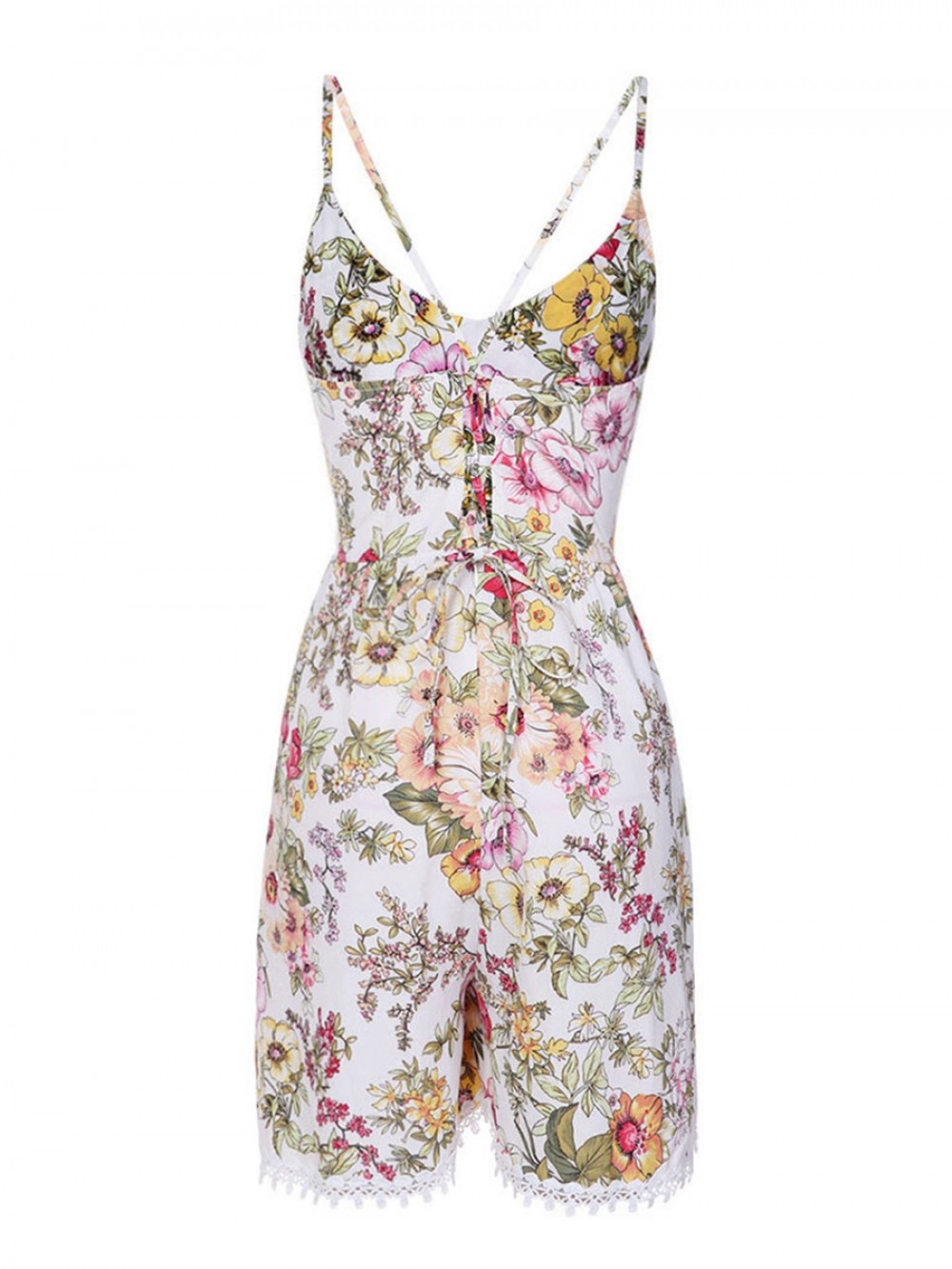V Neck Mini Length Jumpsuit Floral Print Cross Sling Backless For Ladies