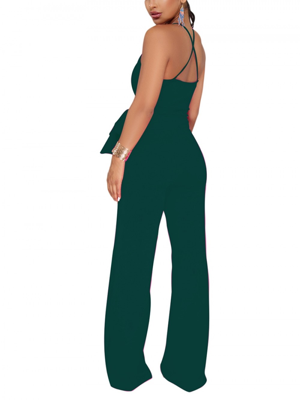 Dark Green Jumpsuit Cross Back Floor Length Solid Color For Ladies