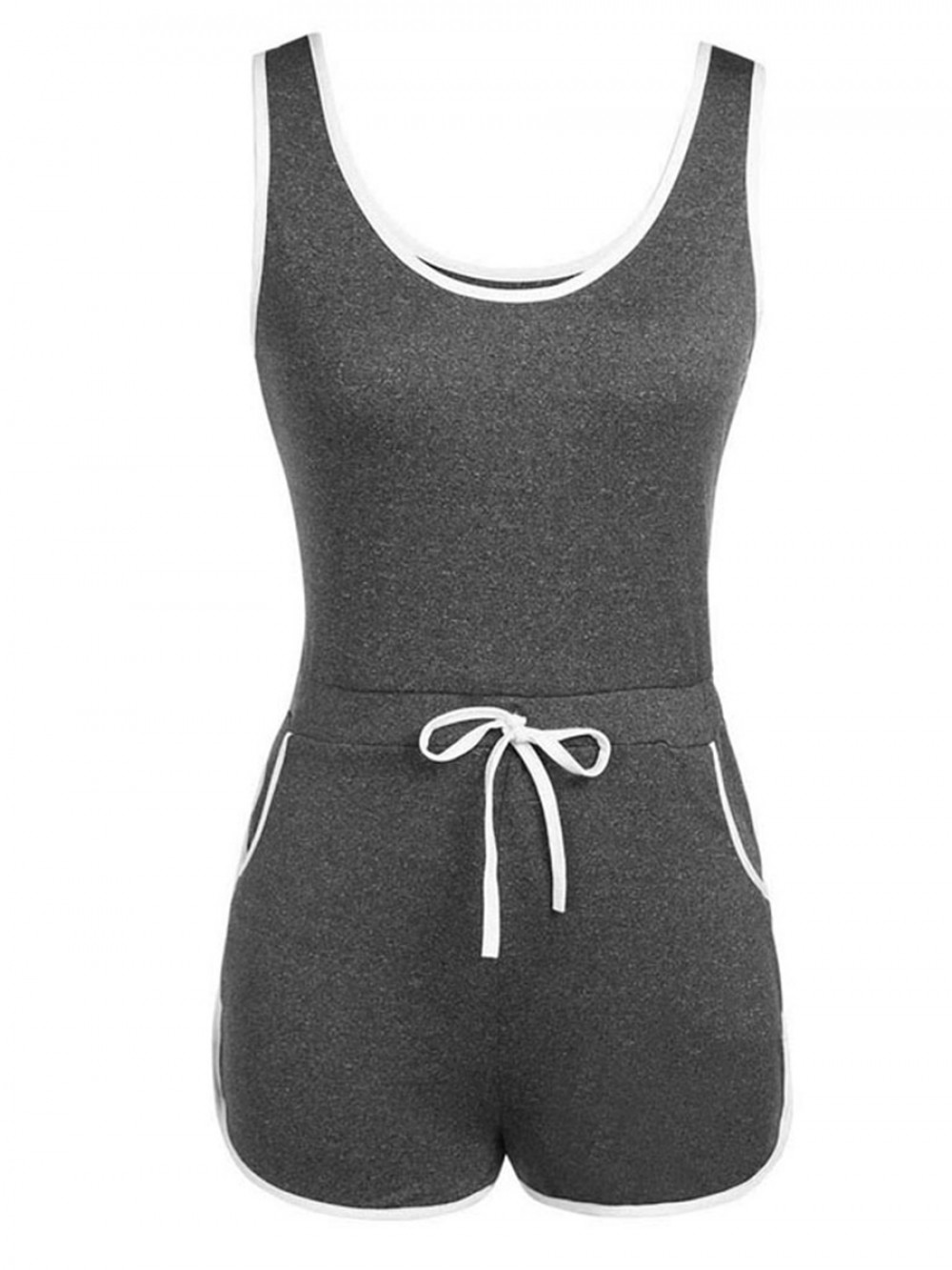 Gray Drawstring Rompers Pocket Wide Strap U-Neck For Lady