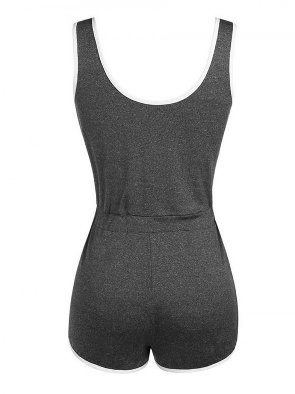 Gray Drawstring Rompers Pocket Wide Strap U-Neck For Lady