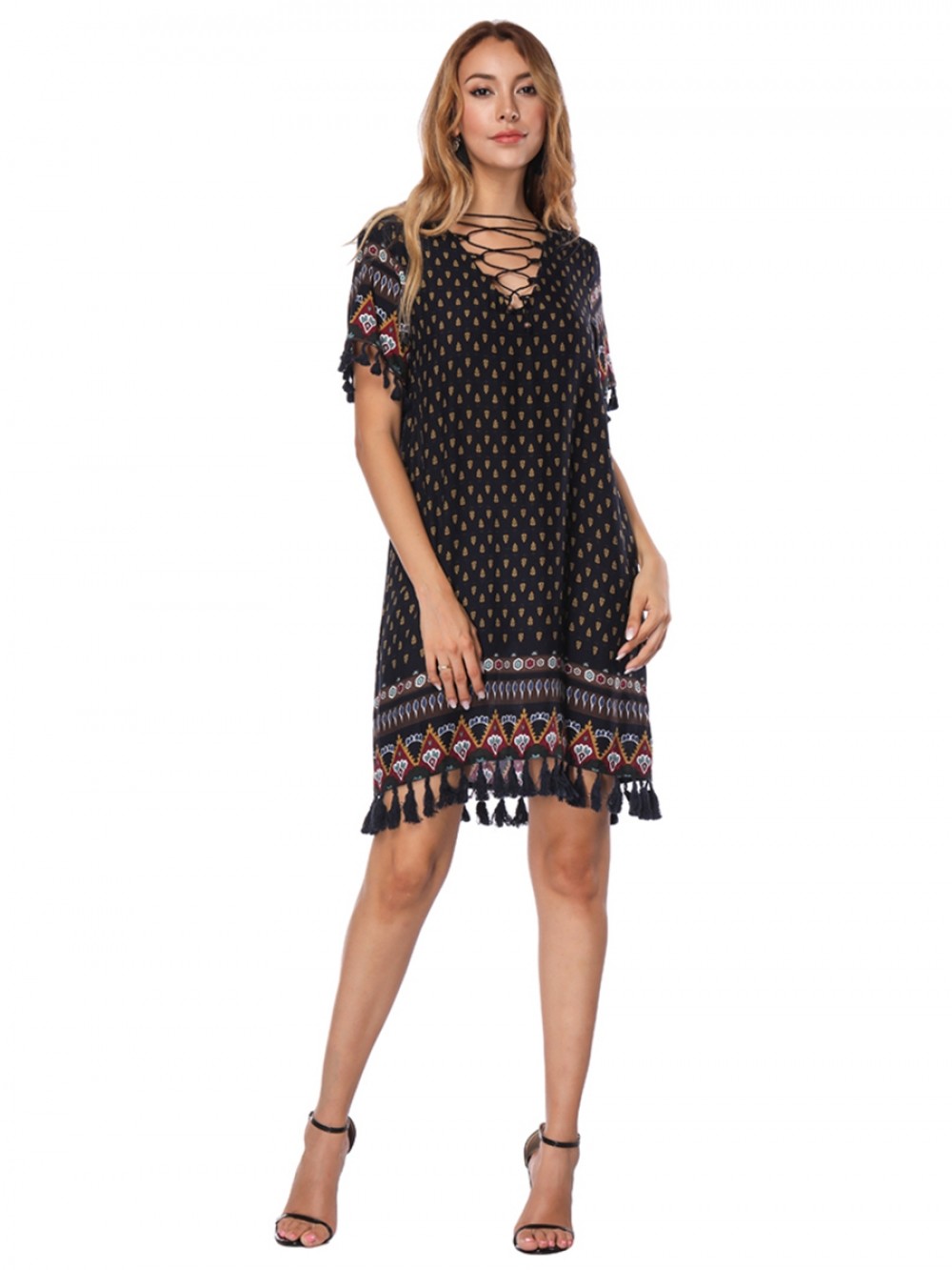 Dark Blue Tassel Hem Short Sleeve Boho Print Midi Dress For Girls