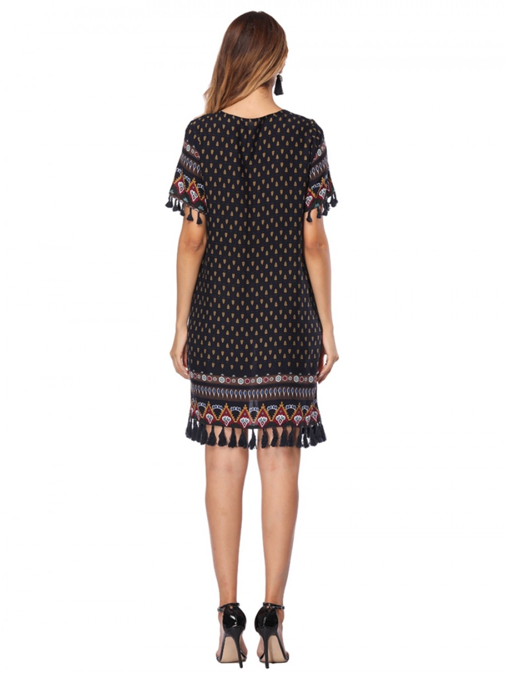 Dark Blue Tassel Hem Short Sleeve Boho Print Midi Dress For Girls