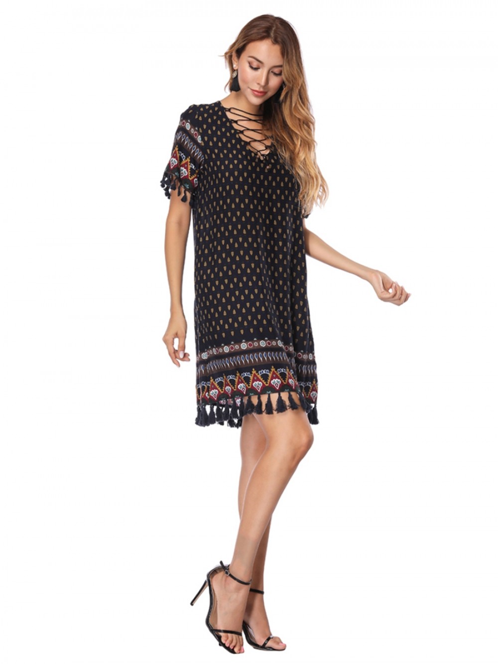 Dark Blue Tassel Hem Short Sleeve Boho Print Midi Dress For Girls