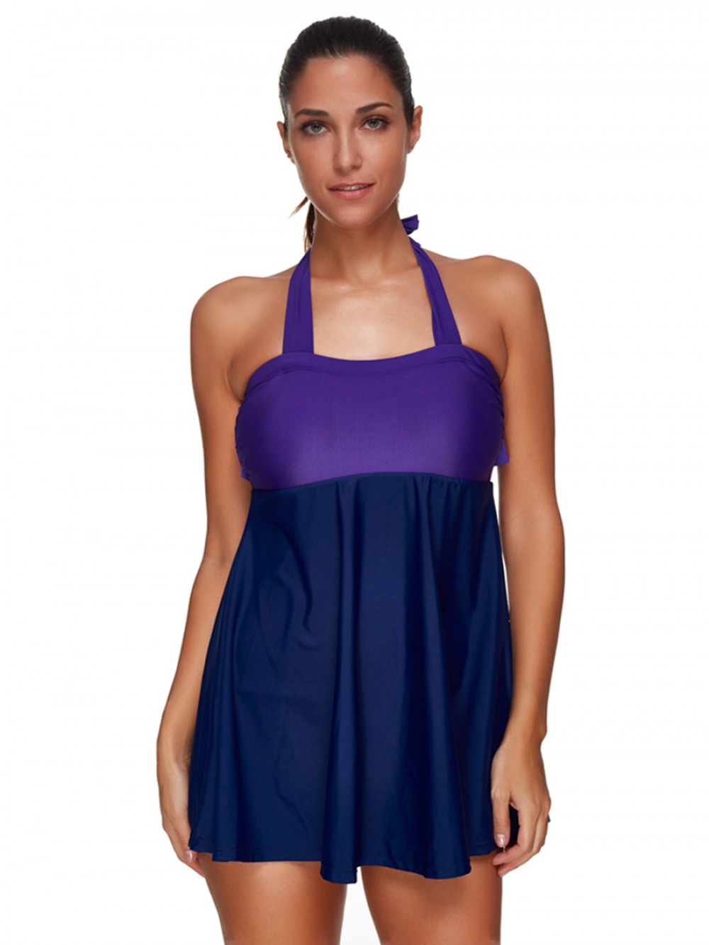 Halter Neck Patchwork Swimsuits High Waist Ruched For Swimming