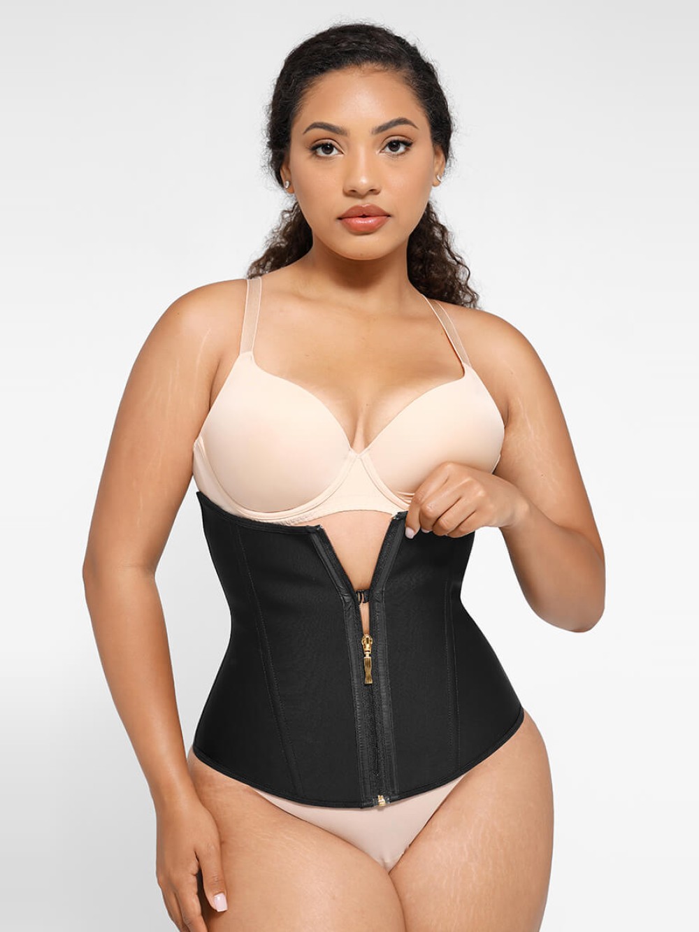 U-Shaped 10 Steel Bones Latex Waist Trainer with Fan Lacing and Front Buckle Adjustment