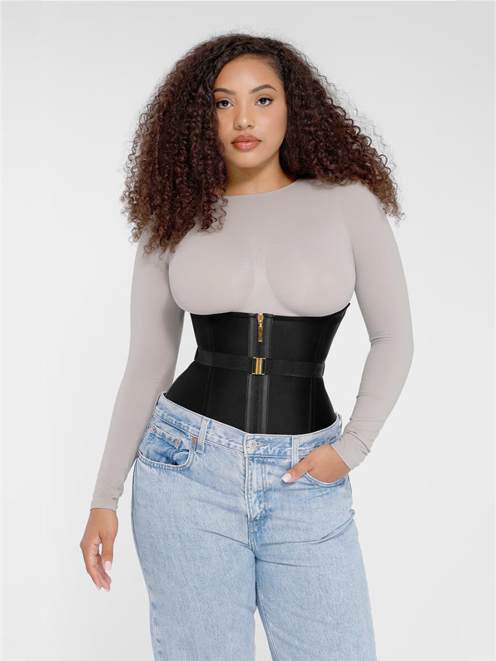 U-Shaped 10 Steel Bones Latex Waist Trainer with Fan Lacing and Front Buckle Adjustment