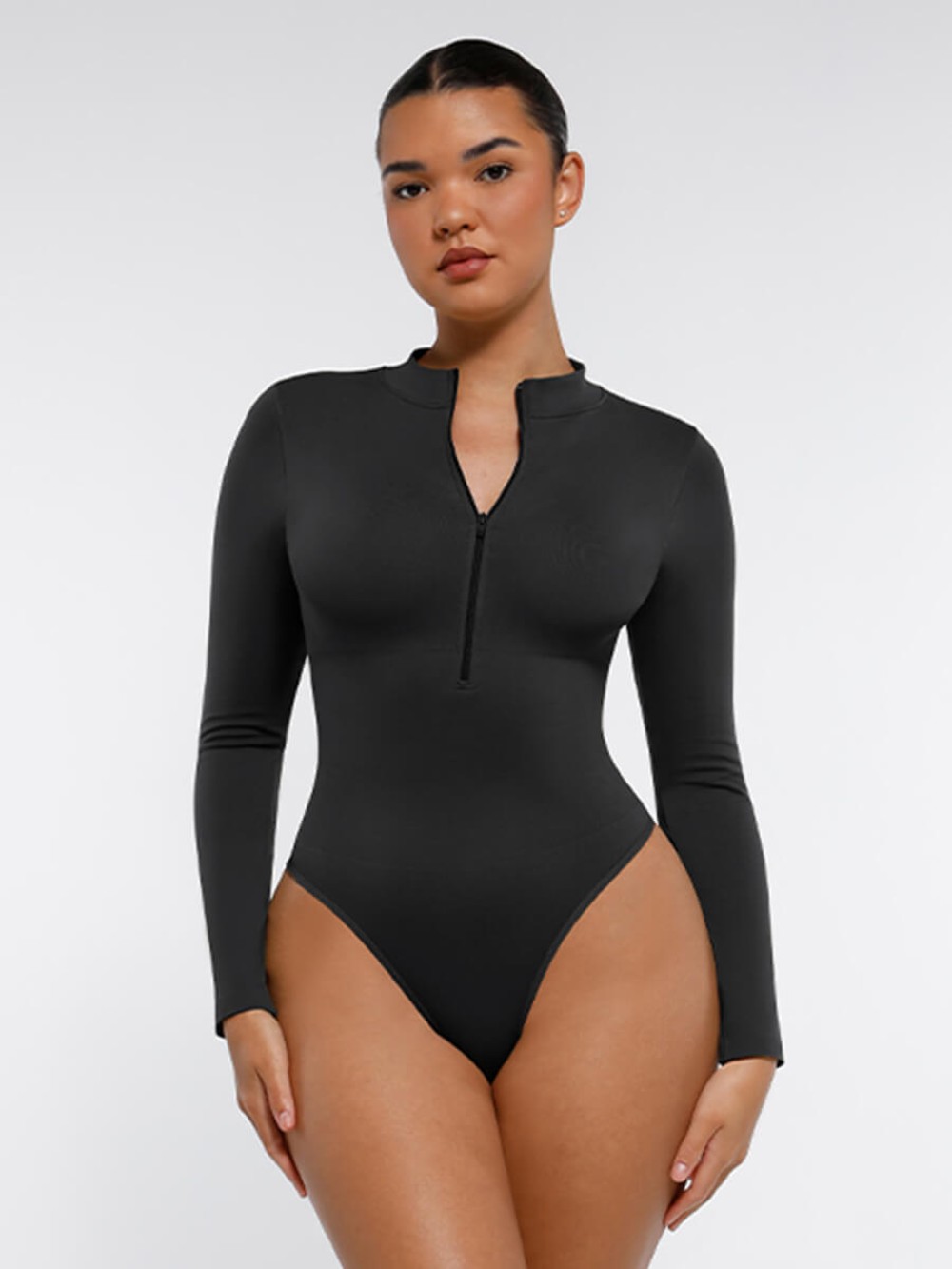 Seamless Long Sleeve Zipper Thong Bodysuit