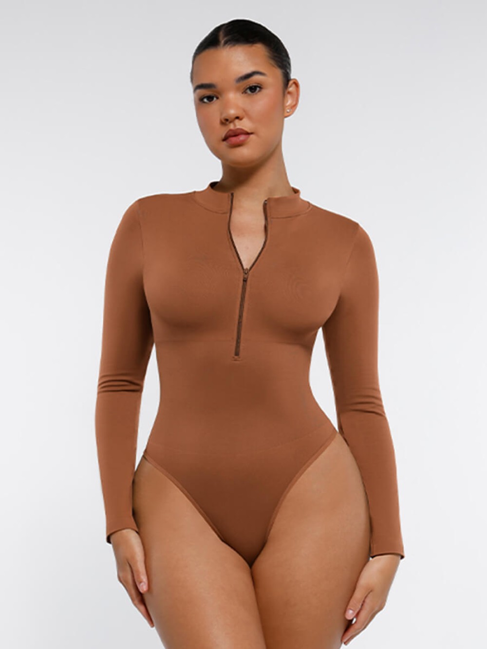 Long Sleeve Seamless Zipper Thong Bodysuit