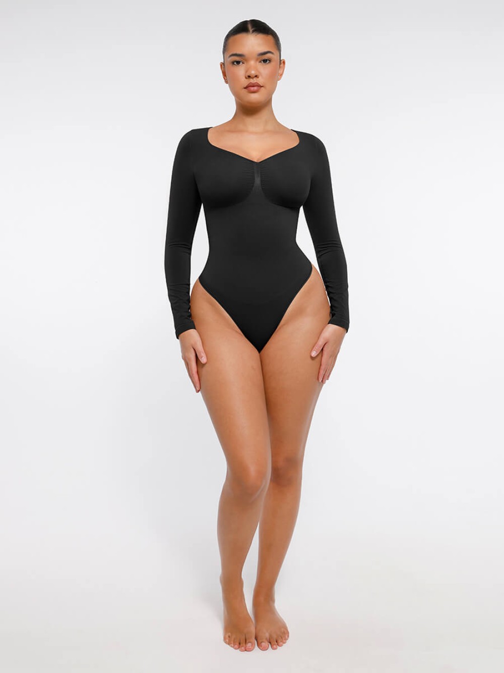 Seamless Long Sleeve Chest Support Tummy Control Thong Bodysuit