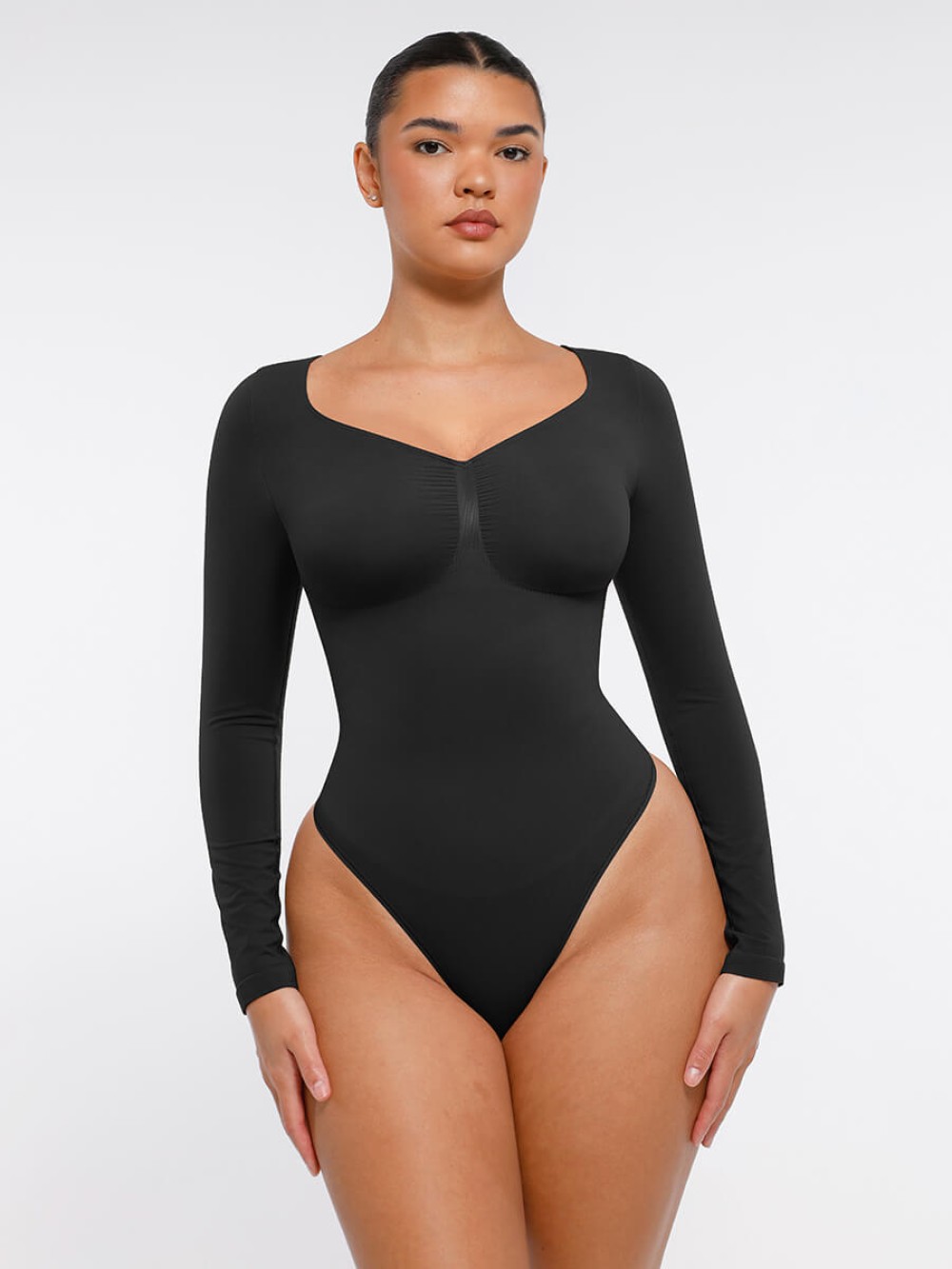 Seamless Long Sleeve Chest Support Tummy Control Thong Bodysuit