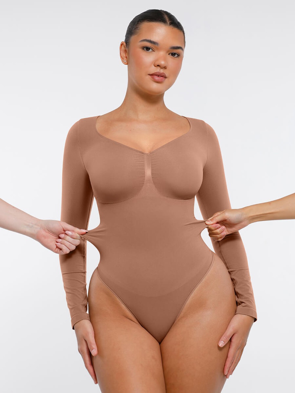 Fashion Seamless Long Sleeve Chest Support Tummy Control Thong Bodysuit