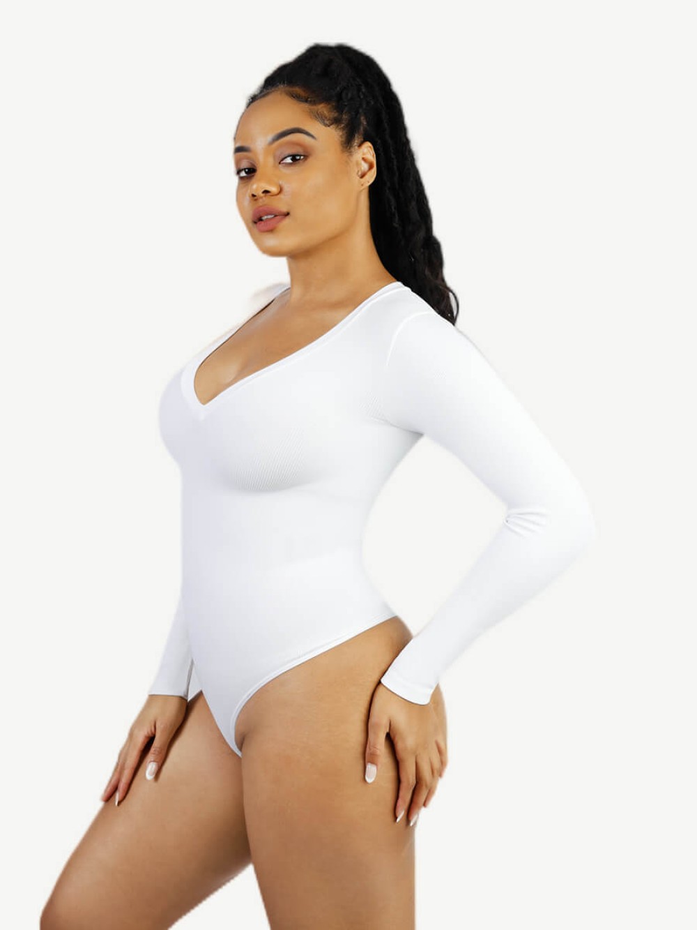 Seamless Long Sleeved V-neck Waist Shaping Tummy Control Bodysuit