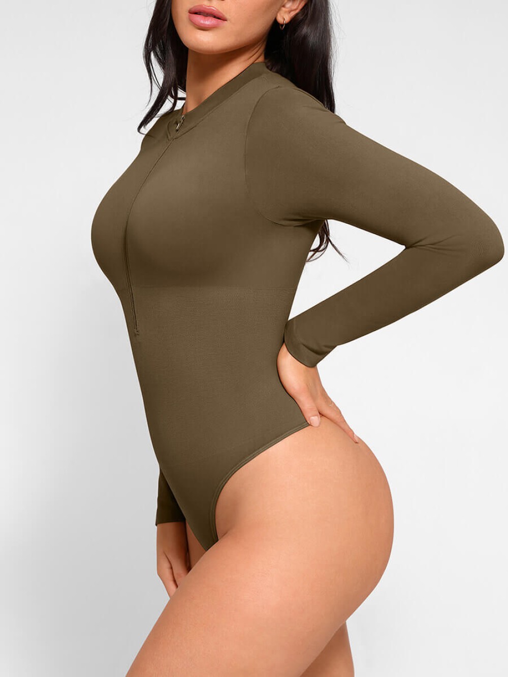Fashion Seamless Long Sleeve Zipper Thong Bodysuit