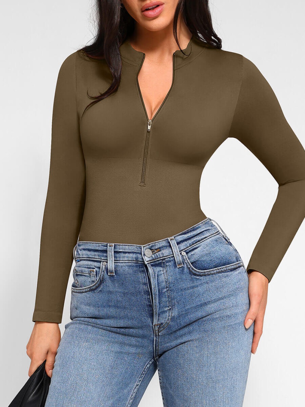 Fashion Seamless Long Sleeve Zipper Thong Bodysuit