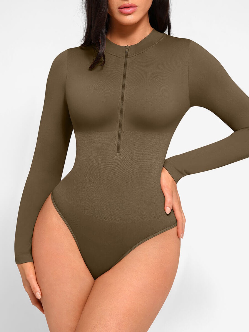 Fashion Seamless Long Sleeve Zipper Thong Bodysuit