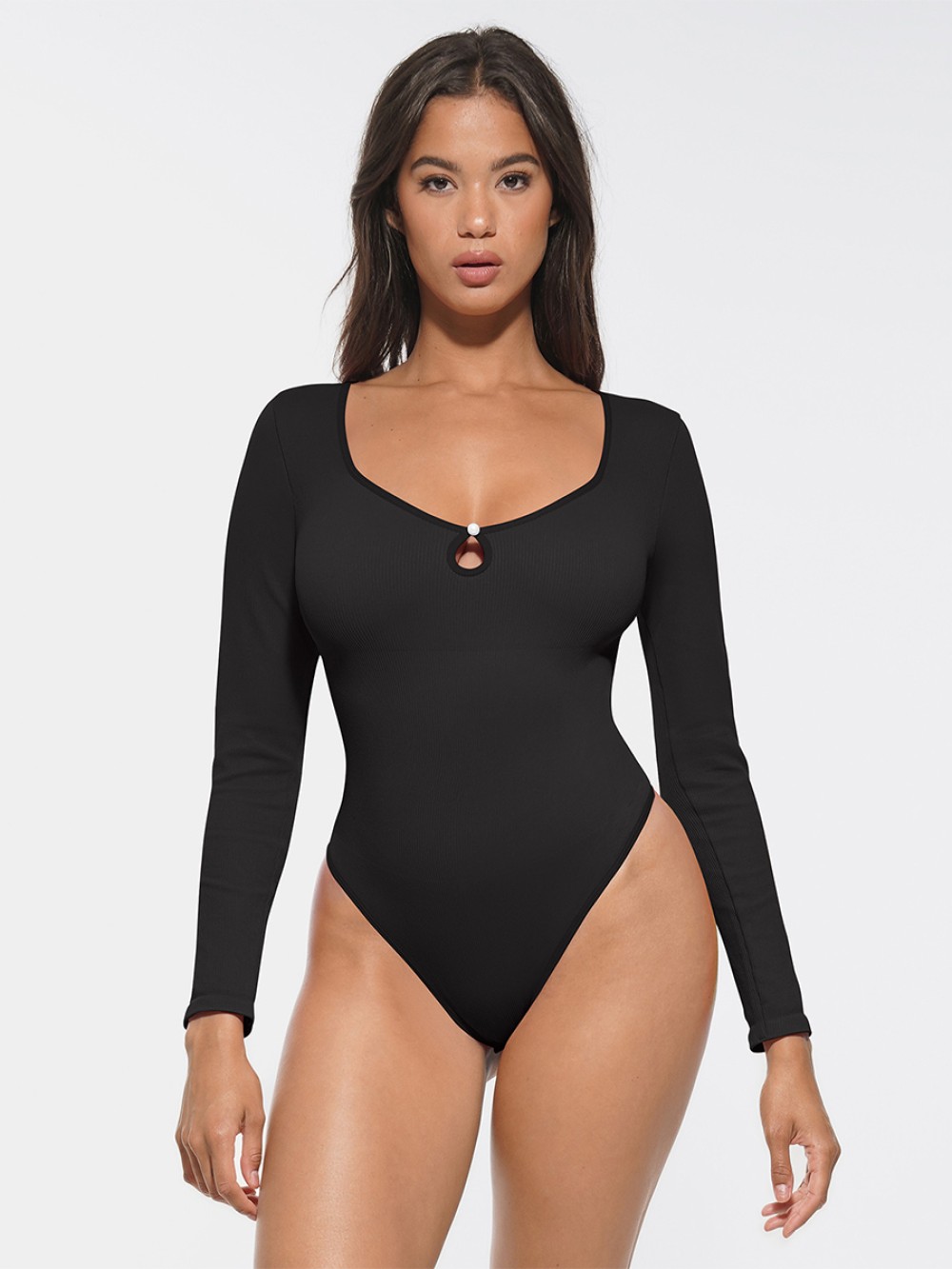 Seamless Ribbed Hollow Scoop Neck Waist Tummy Control Thong Bodysuit