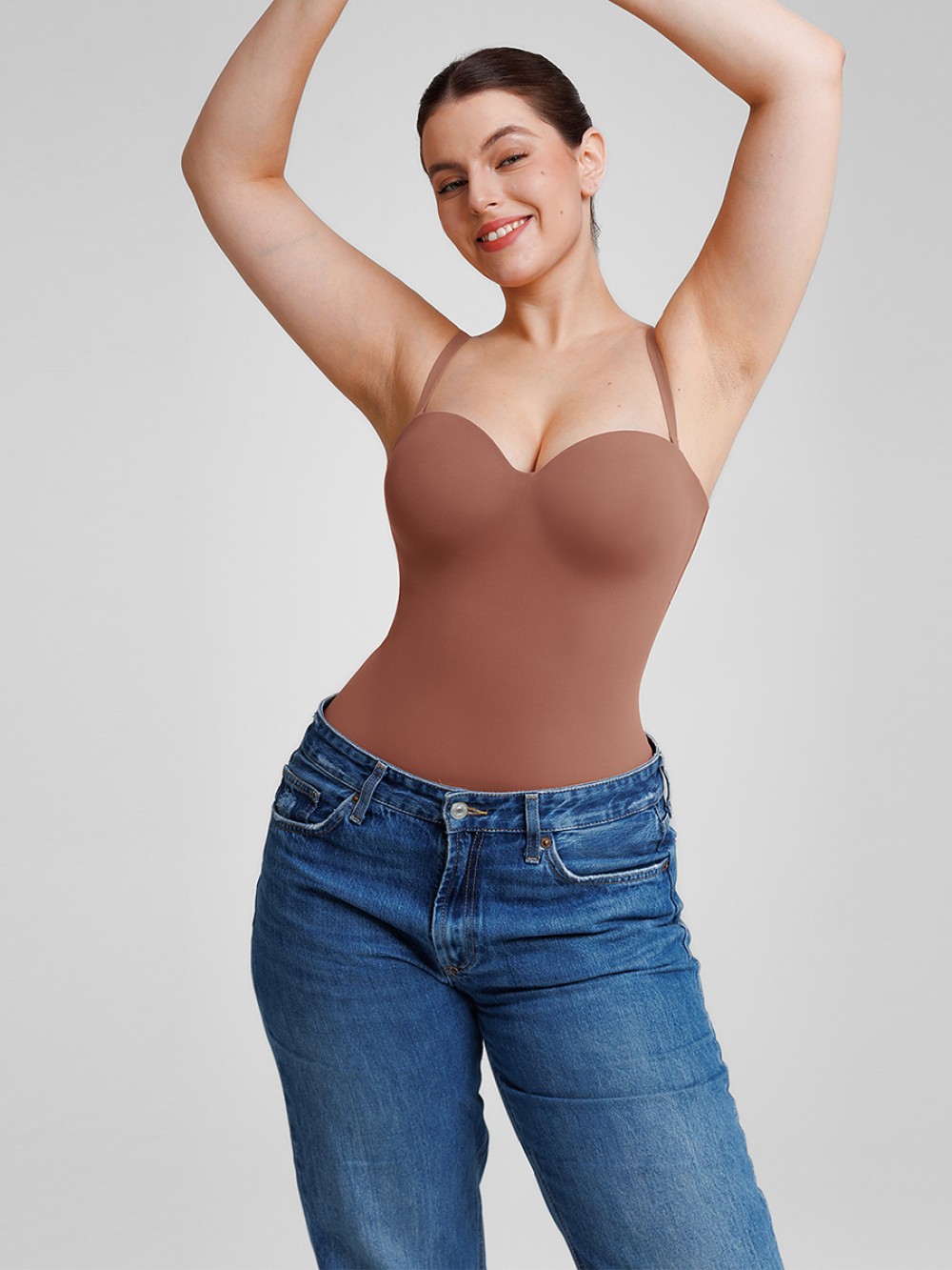 Seamless Underwire Half Cup Shapewear Bodysuit with Removable Pads