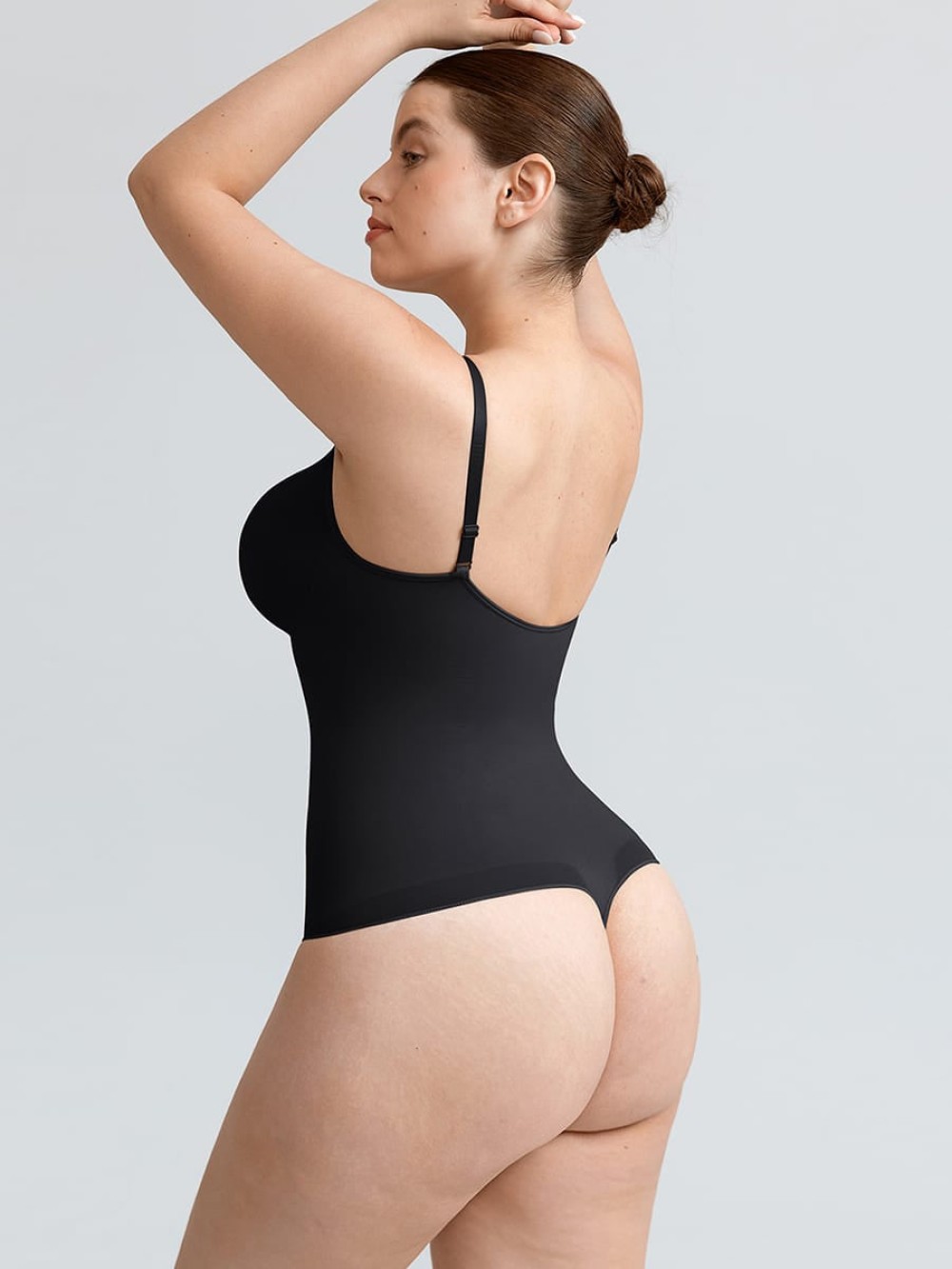 Seamless V Neck Ruched Bust Tummy Control Thong Shaping Bodysuit