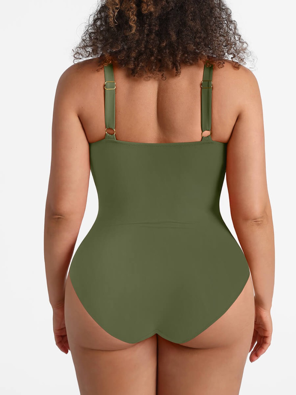 Wide Strap Ruched Bodysuit Swimsuit Tummy Control Mesh Deep V Neck