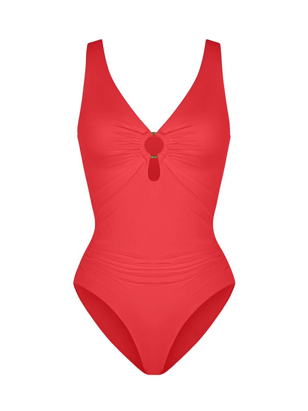 Deep V Metal Accent Bodysuit Swimsuit Removable Pads Ruched Slimming