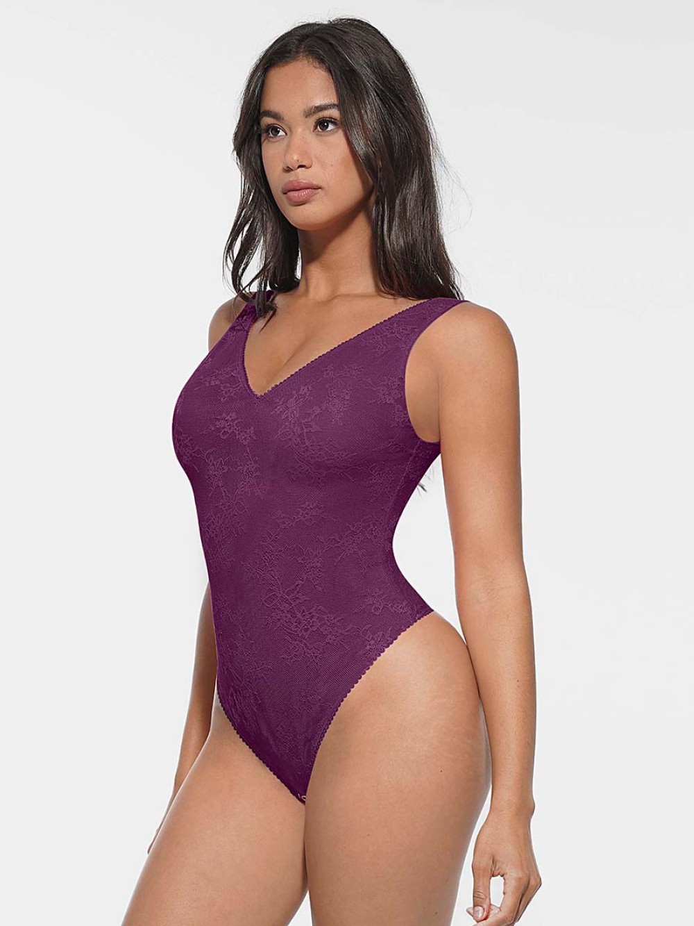 Seamless Deep V-Neck Lace Shaping Thong Bodysuit