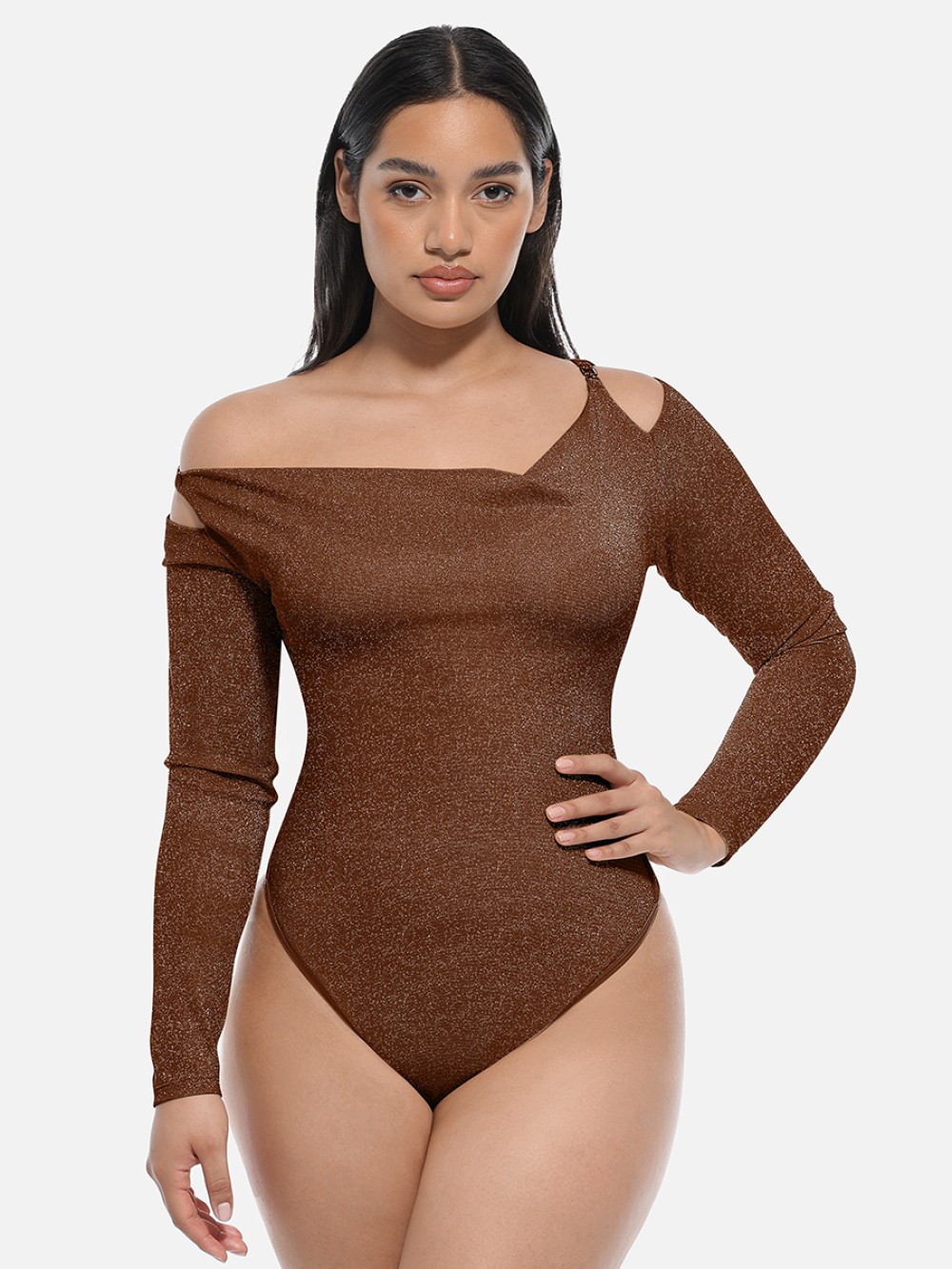 Shiny Draped Neck Shapewear Bodysuit with Built In Bra