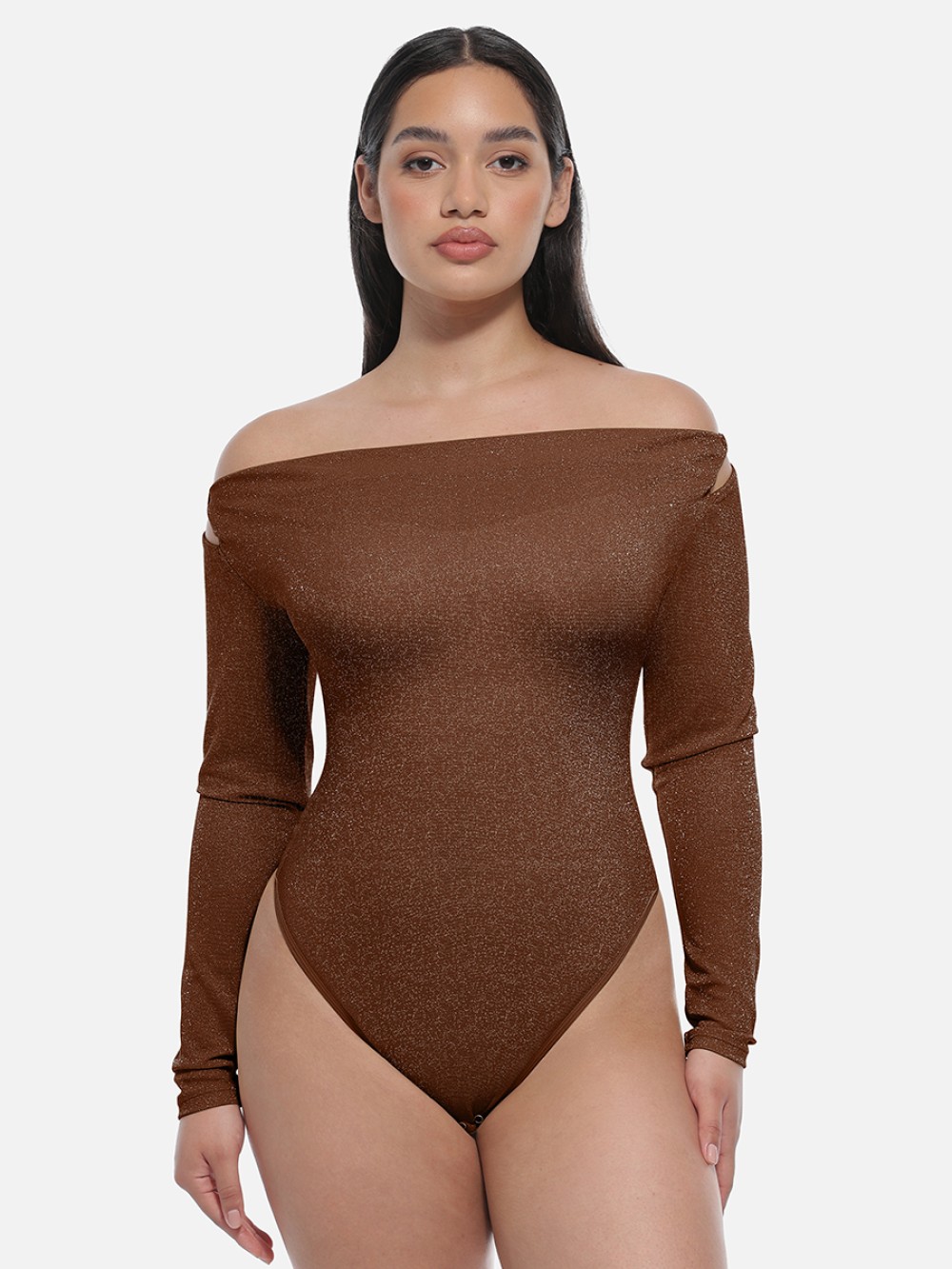 Shiny Draped Neck Shapewear Bodysuit with Built In Bra