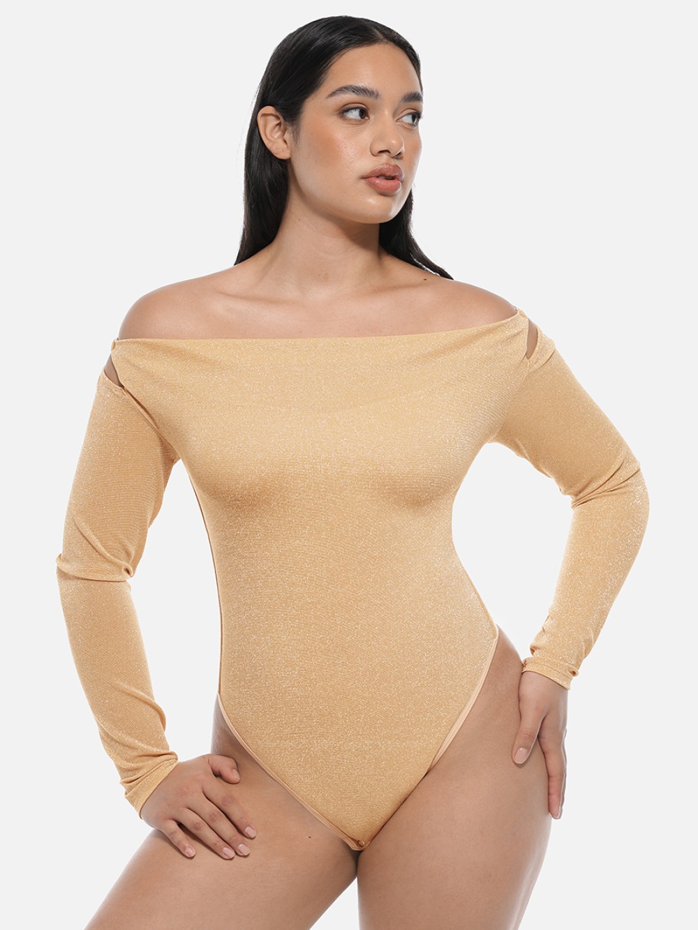 Shiny Draped Neck All In One Shapewear Bodysuit with Built In Bra