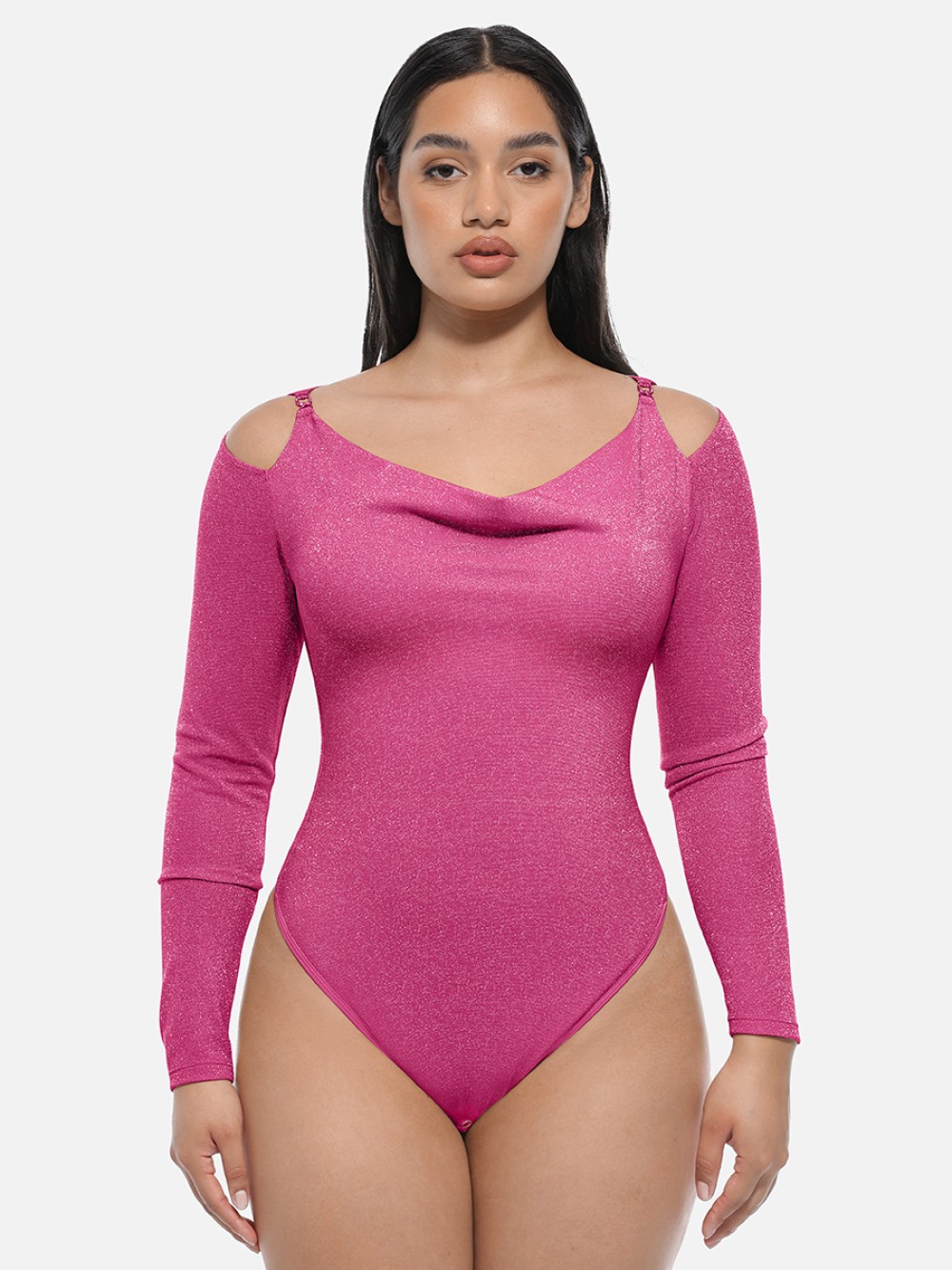 Shiny Draped Neck All In One Shapewear Bodysuit