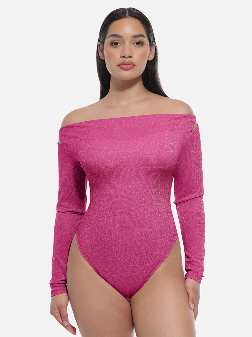 Shiny Draped Neck All In One Shapewear Bodysuit