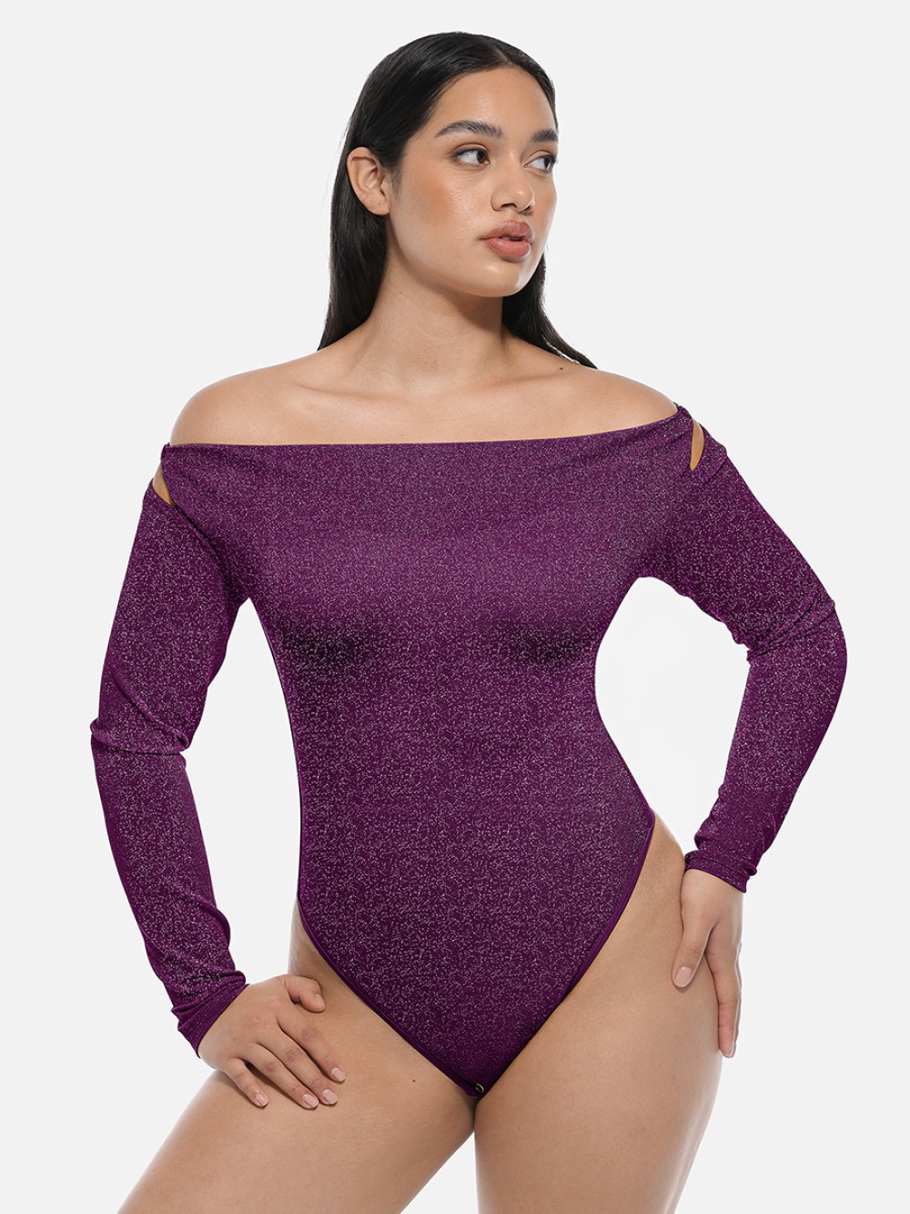 Shiny Draped Neck Shapewear Bodysuit with Built In Bra and Thong Snap Crotch