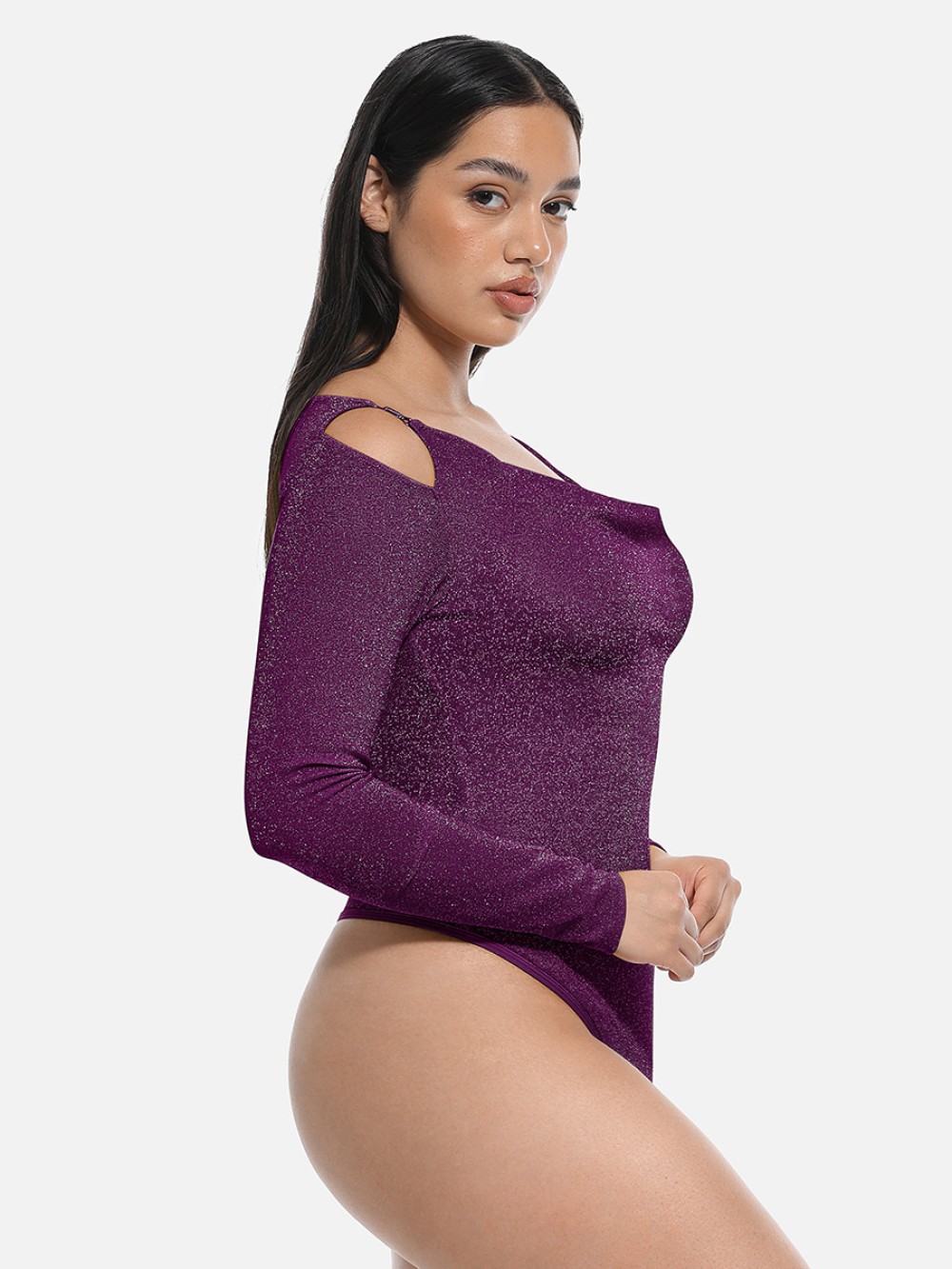 Shiny Draped Neck Shapewear Bodysuit with Built In Bra and Thong Snap Crotch