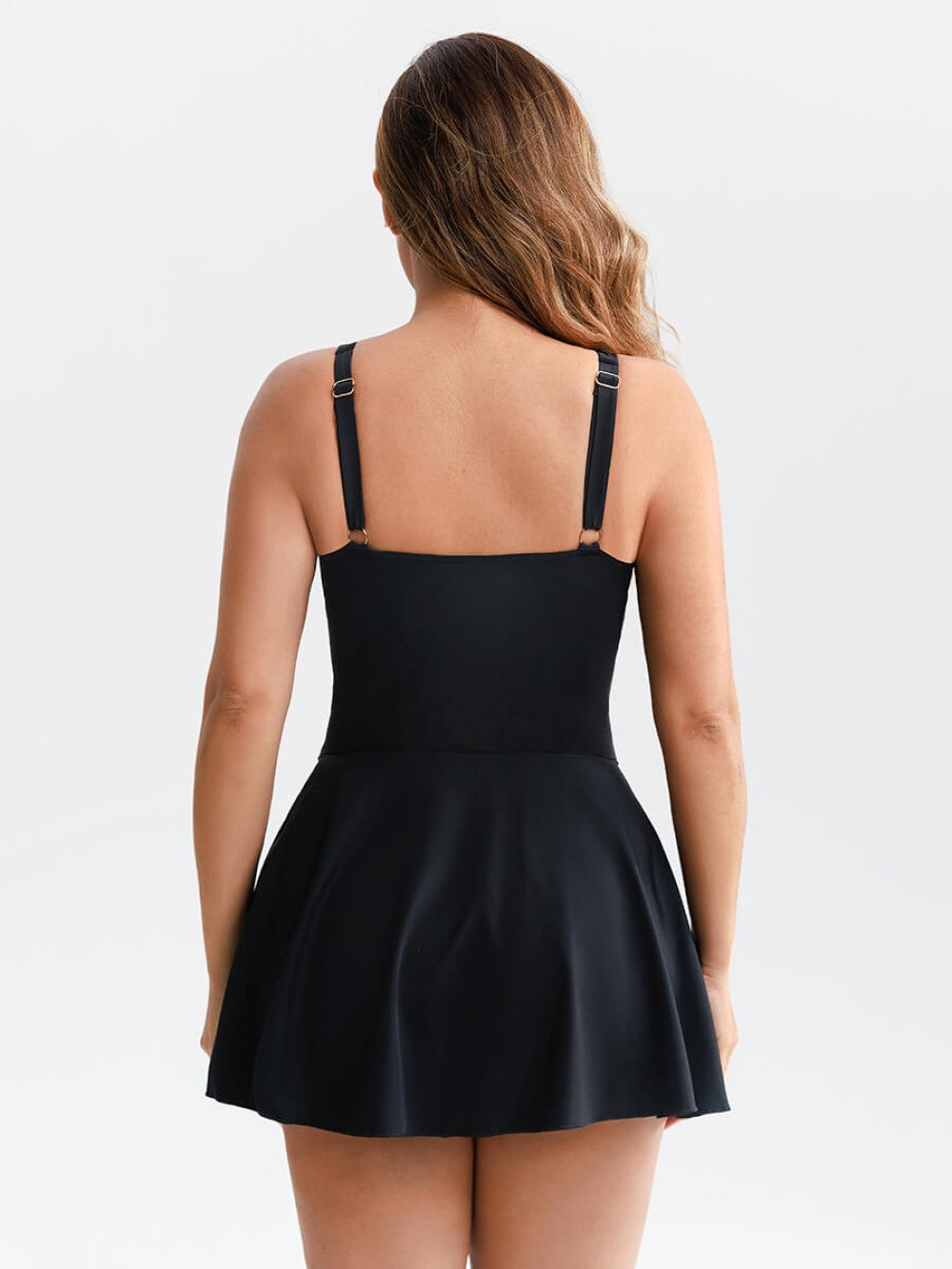 Wide Strap Cover Up Skirt Deep V Swimsuit Built in Shaping Mesh Removable Pads