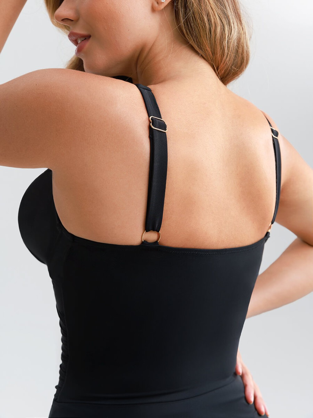 Wide Strap Cover Up Skirt Deep V Swimsuit Built in Shaping Mesh Removable Pads