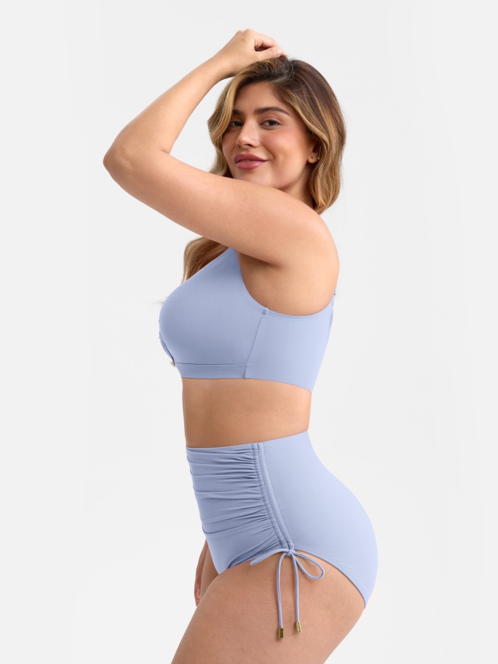 Slimming Drawstring Swimsuit Deep V Neck Metal Accent Butt Lifting Triangle Design