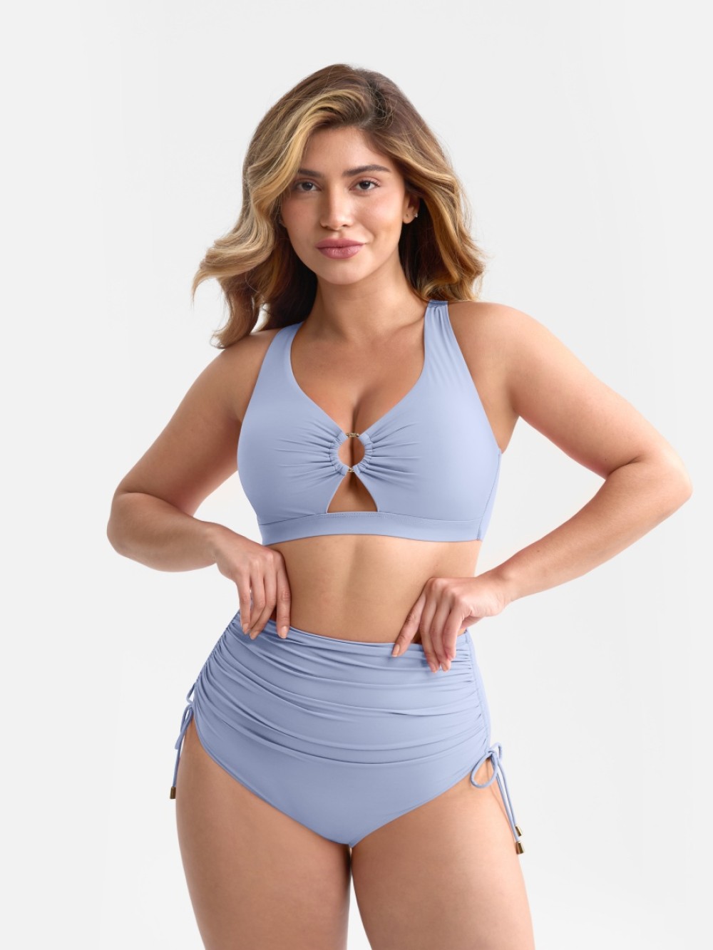 Slimming Drawstring Swimsuit Deep V Neck Metal Accent Butt Lifting Triangle Design