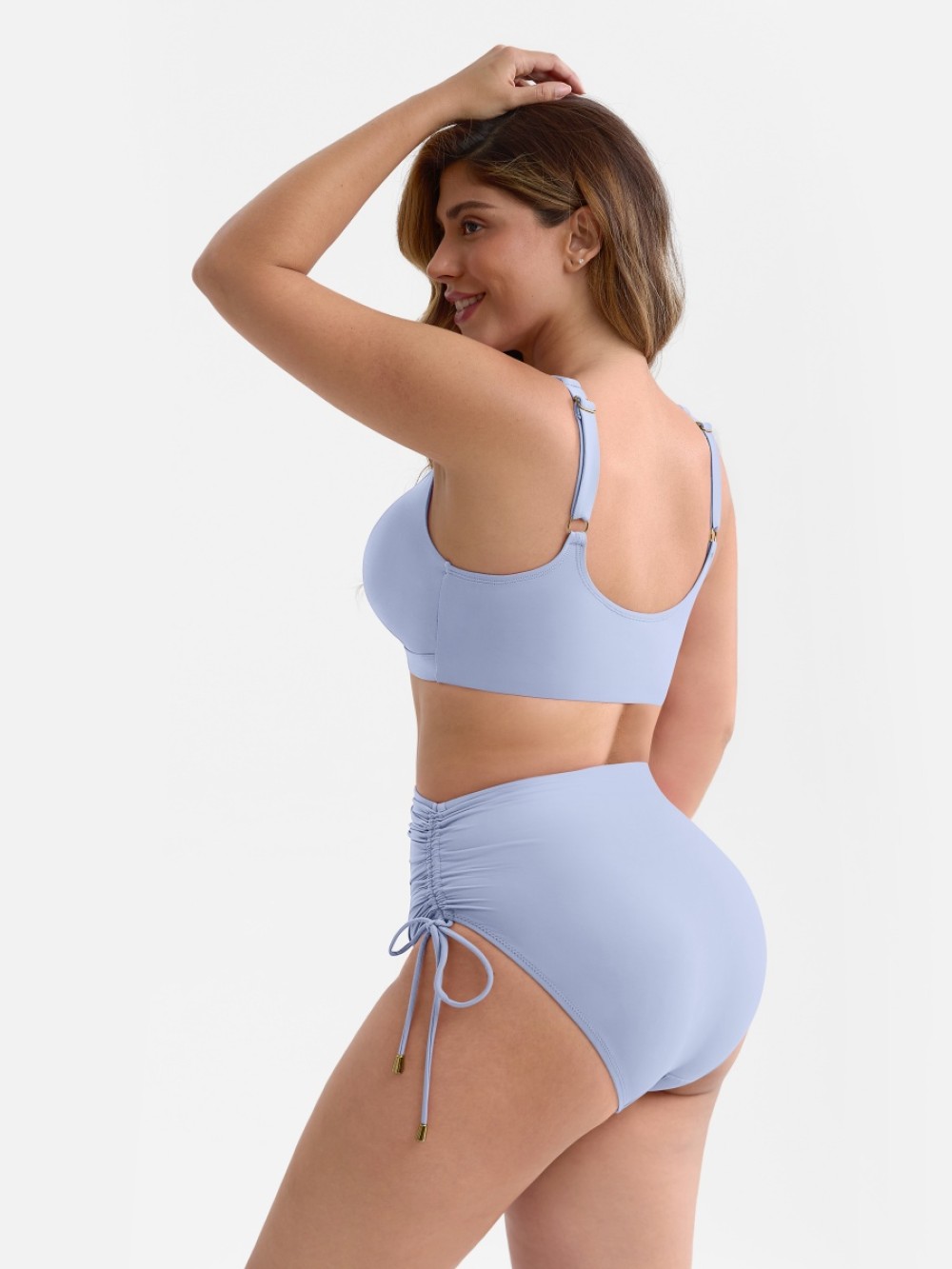 Slimming Drawstring Swimsuit Deep V Neck Metal Accent Butt Lifting Triangle Design