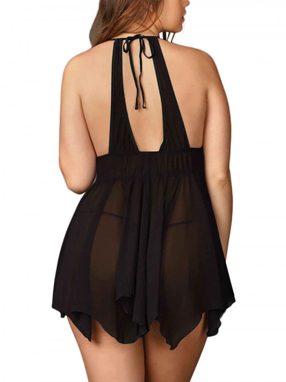 Black Large Asymmetrical Hem Babydoll Deep V Neckline