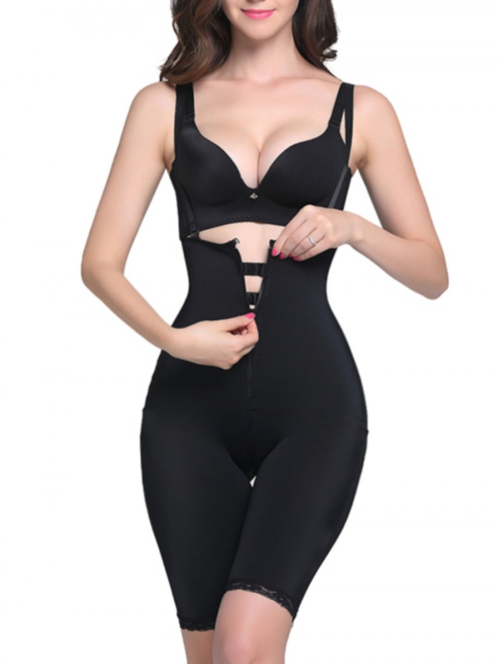 Black Front Zipper Lace Latex Full Body Shaper Superfit