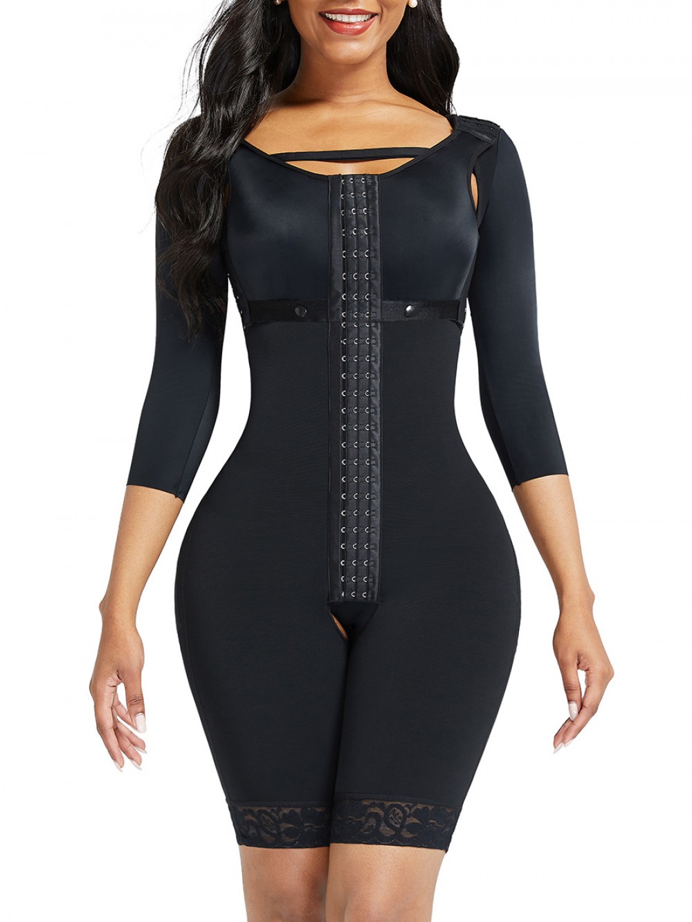 Black Lace Trim Hourglass Body Shaper With Sleeves Flatten Tummy