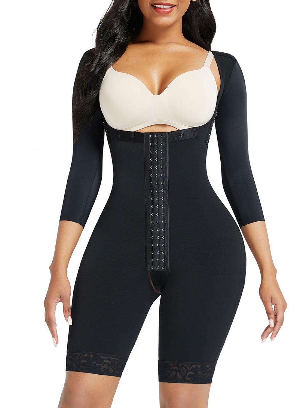 Black Lace Trim Hourglass Body Shaper With Sleeves Flatten Tummy