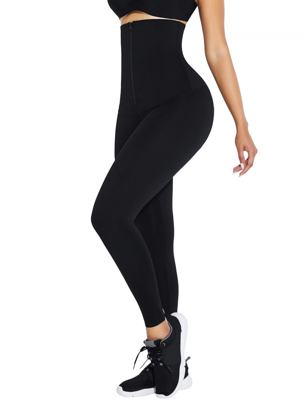 Black Waist Trainer 2-In-1 Leggings With Zipping Firm Compression