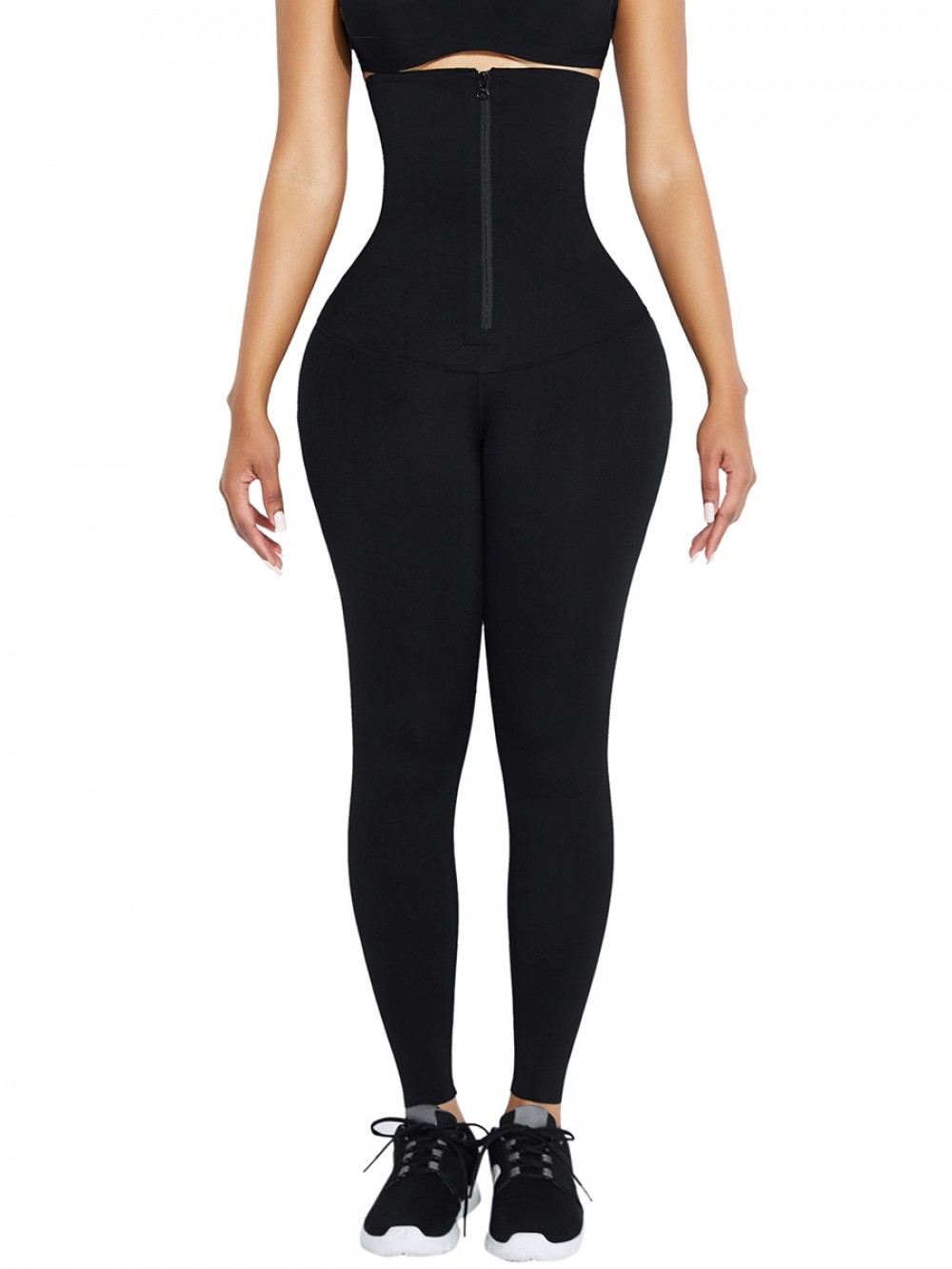 Black Waist Trainer 2-In-1 Leggings With Zipping Firm Compression